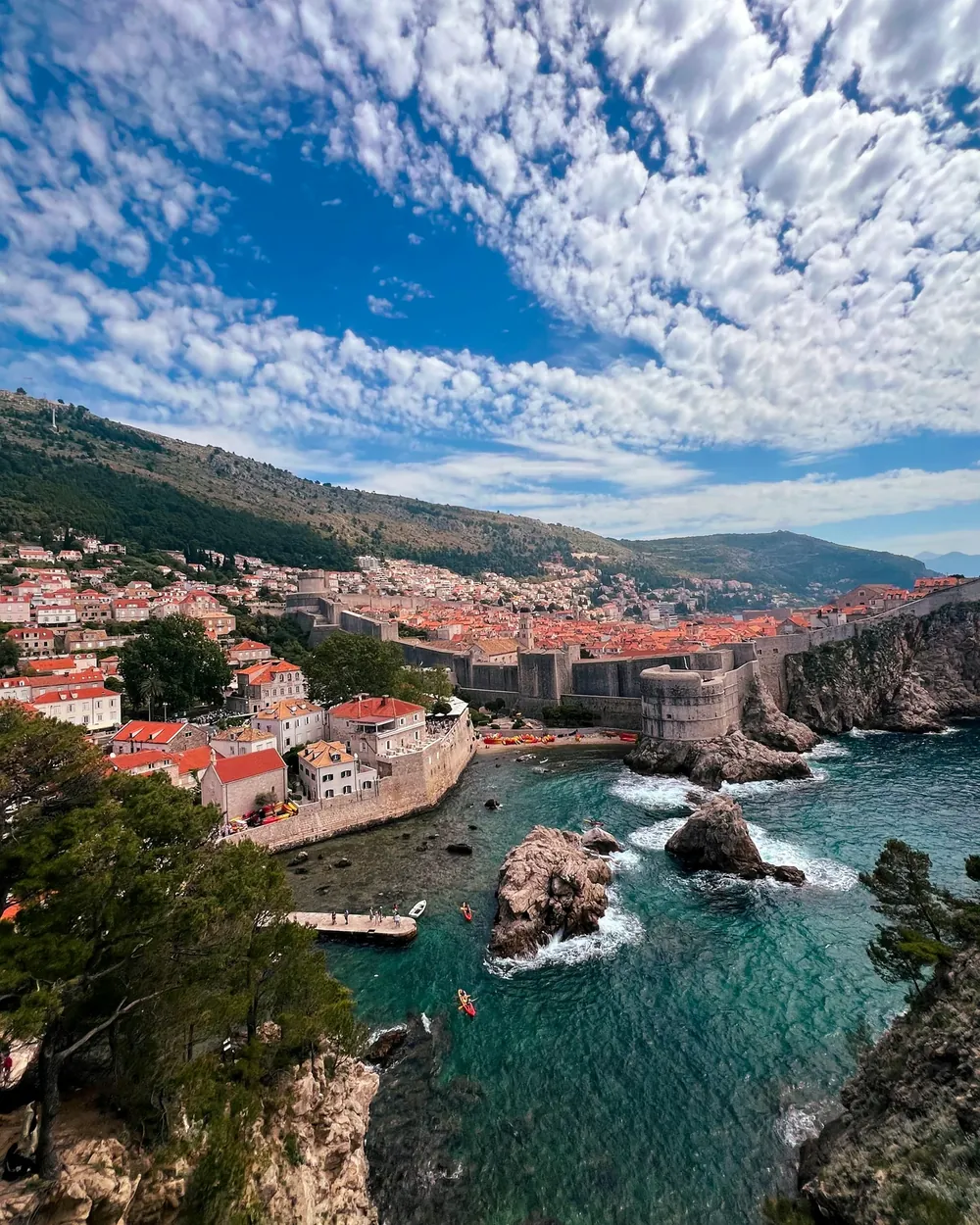 Dubrovnik's walled Old Town above a rocky Adriatic cove, seen from the clifftops on a bright day